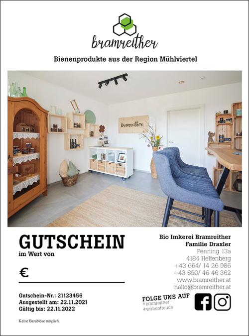 Bio Imkerei Bramreither - Mühlviertel - Rohrbach - Helfenberg - Penning - Honig - Bienenprodukte - Wertgutschein - Gutscheine